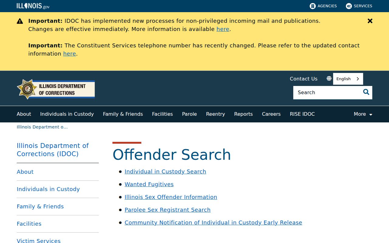 Illinois Department of Corrections Offender Search page