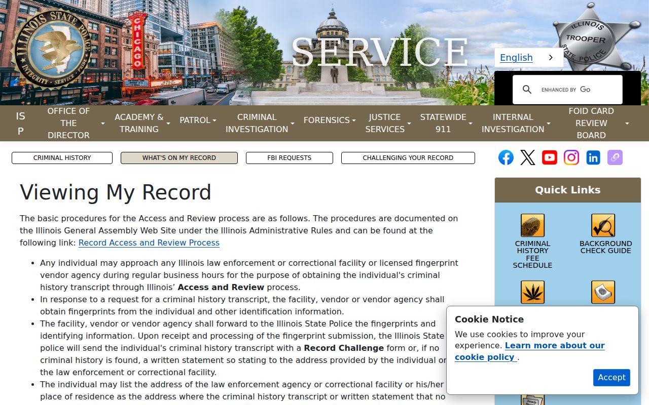 Illinois State Police Access and Review process for a personal criminal record