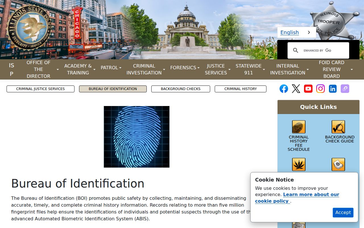 Illinois State Police Bureau of Identification criminal history repository page